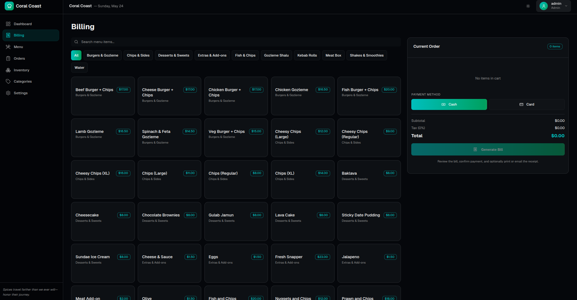 Coral Coast Admin POS & Operations Dashboard POS & Billing Workflow