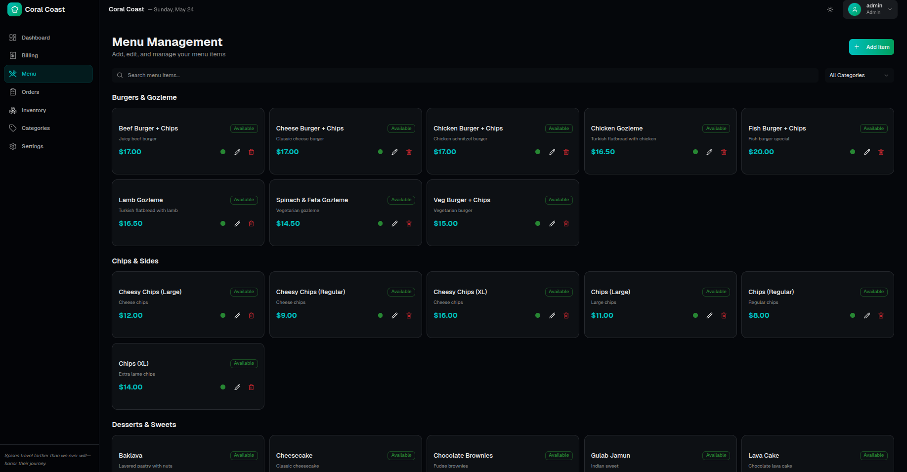 Coral Coast Admin POS & Operations Dashboard Menu & Product Management