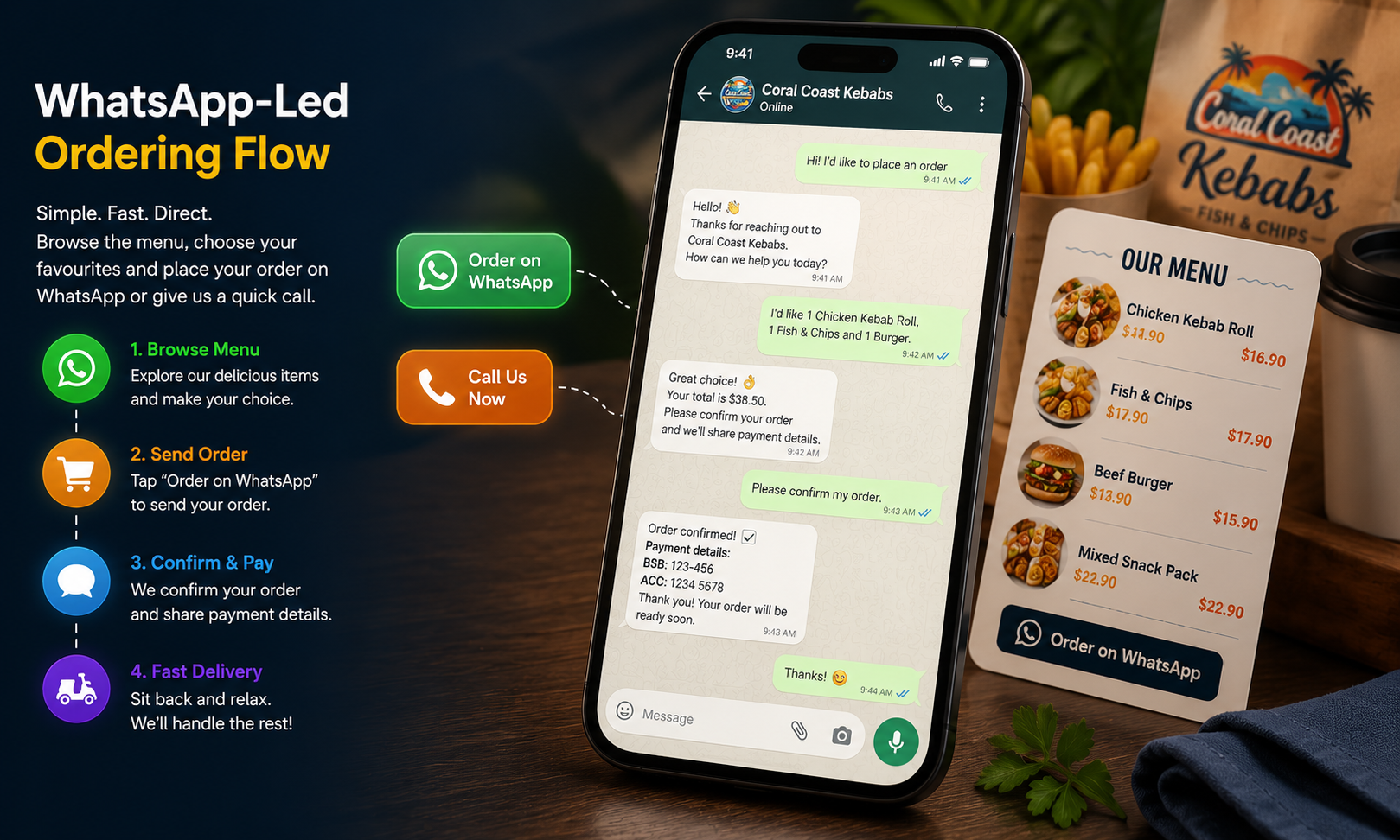 Coral Coast Customer Ordering Website WhatsApp-Led Ordering Flow